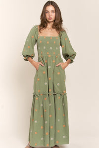 Green Floral Embroidered Maxi Dress