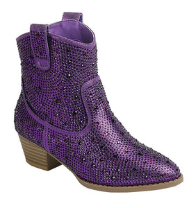 Purple Kids Boots Stacked Heel Cowboy Bootie With Sparkle Through Ou