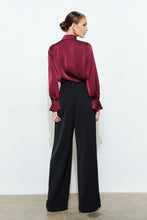 Wine Chic Satin Ruffled Jeweled Bell Sleeves Blouse Top
