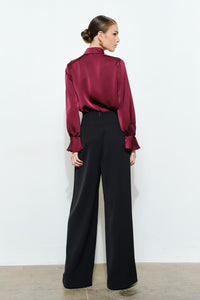 Wine Chic Satin Ruffled Jeweled Bell Sleeves Blouse Top
