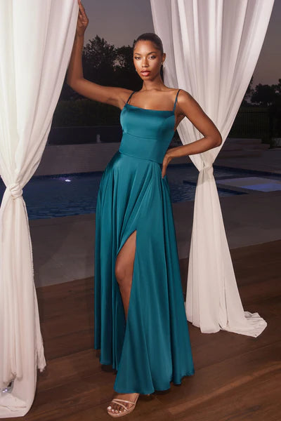 French Navy Satin A-Line Gown