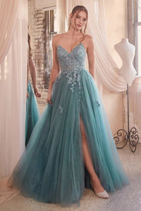Dusty Teal Strapless A-Line Lace & Tulle Dress