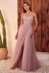Mauve Lace & Layered Tulle A-Line Gown
