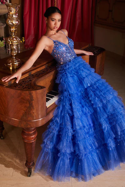 Deep Blue Ruffled Layered Ball Gown