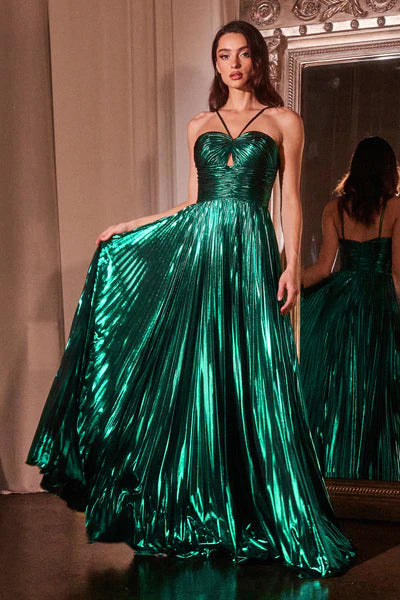 Emerald Halter Pleated Lame' Metallic A-Line Gown