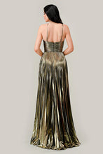 Gold Halter Pleated Lame' Metallic A-Line Gown