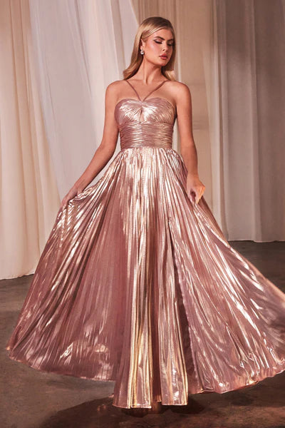 Rose Gold Halter Pleated Lame' Metallic A-Line Gown Aquarius Brand Rose Gold Halter Pleated Lame' Metallic A-Line Gown Aquarius Brand