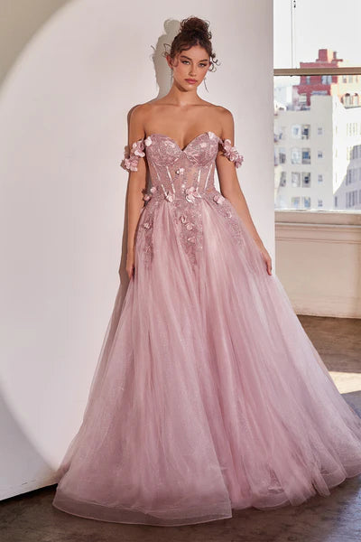Mauve Floral Applique Corset Tulle Ball Gown