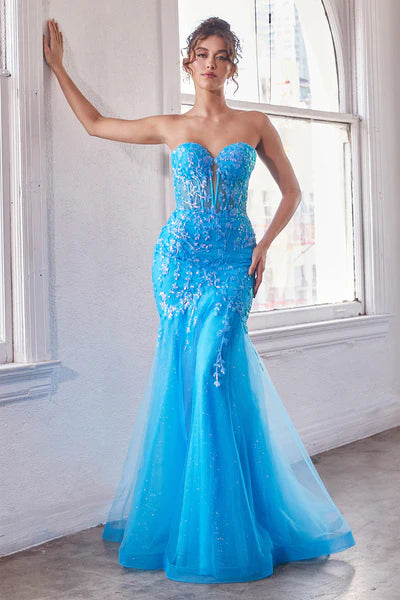 Ocean Blue Strapless Embellished Mermaid Gown