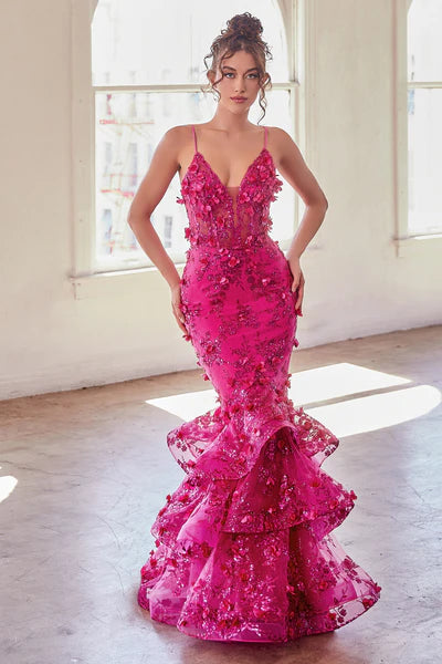 Fuchsia Floral Appliqued Mermaid Gown