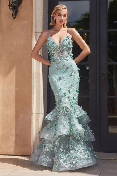 Sage Floral Appliqued Mermaid Gown