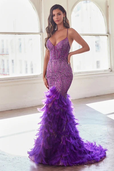 Nova Purple Fully Embellished & Feathered Mermaid Gown