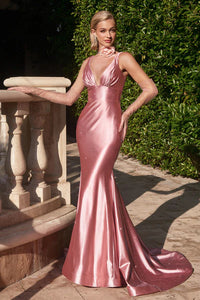 Rose Fitted Stretch Satin Glitter Flocked Gown
