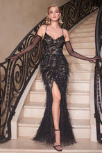 Black Nude Feather Embellished Fitted Evening Gown