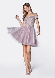 Mauve Off The Shoulder Lace Cocktail Dress