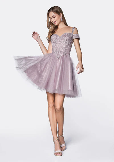 Mauve Off The Shoulder Lace Cocktail Dress