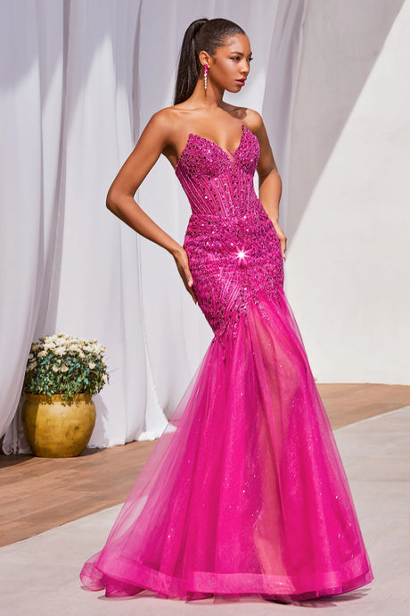 Magenta Strapless Beaded Mermaid Dress