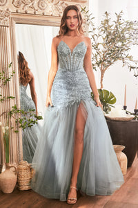 Smoky Blue Strapless Beaded Mermaid Dress