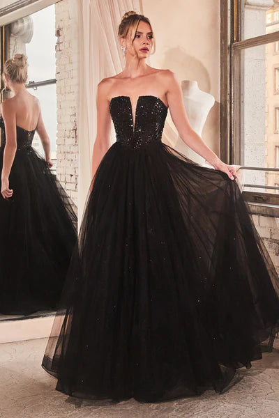 Black Strapless Sequin & Tulle A-Line Dress