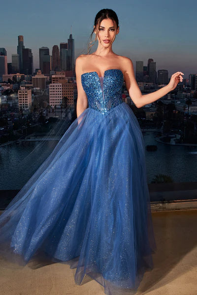 Deep Blue Strapless Sequin & Tulle A-Line Dress