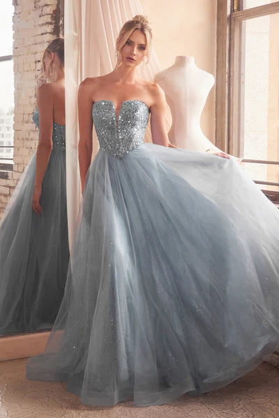 Smoky Blue Strapless Sequin & Tulle A-Line Dress