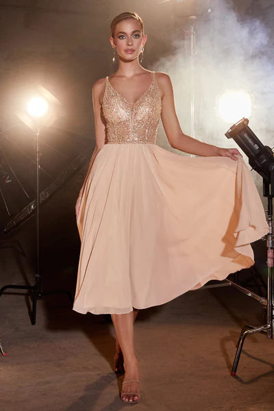 Champagne Chiffon A-Line Tea Length Dress