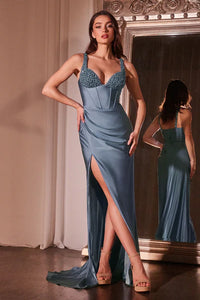 Smoky Blue Fitted Evening Gown With Beaded Details