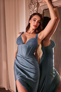 Smoky Blue Fitted Evening Gown With Beaded Details