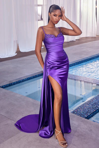 Nova Purple Beaded Sleeveless Satin Slit Gown