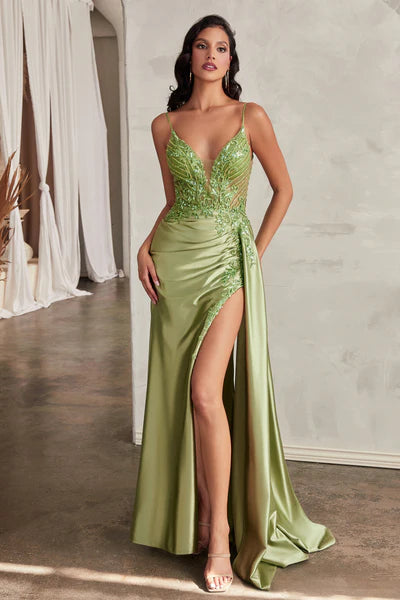 Greenery Satin Fiitted Gown With Sash & Lace Detail