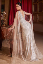 Platinum Embellished Long Cape Sleeve Gown