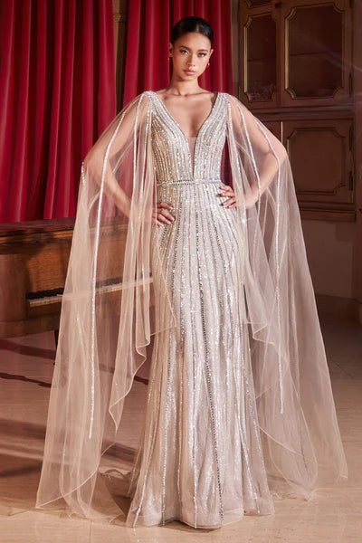 Platinum Embellished Long Cape Sleeve Gown