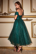 Emerald Off The Shoulder Glitter Tea Length Dress