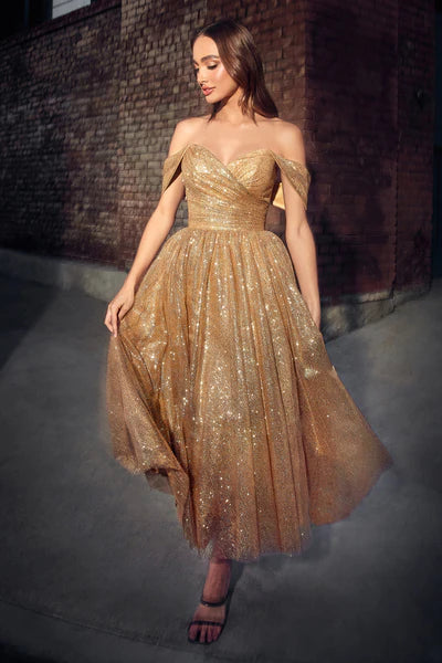 Gold Off The Shoulder Glitter Tea Length Dress