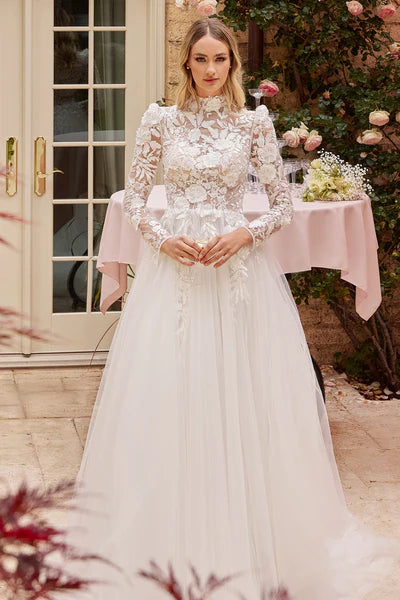 Off White Long Sleeve Lace Wedding Ball Gown