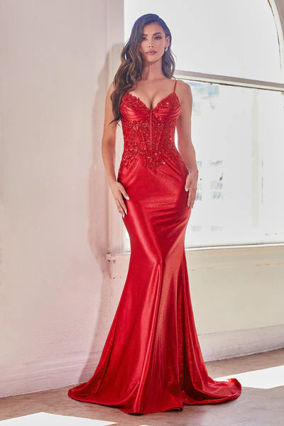 Red Fitted Glitter & Lace Stretch Satin Gown