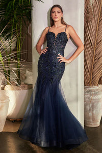 Navy Sequin Floral Print Mermaid Gown