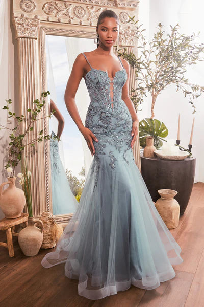 Smoky Blue Sequin Floral Print Mermaid Gown