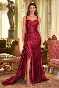 Burgundy Fitted Stretch Satin Gown With Sash