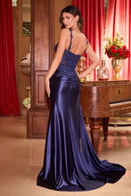 Navy Fitted Stretch Satin Gown With Sash