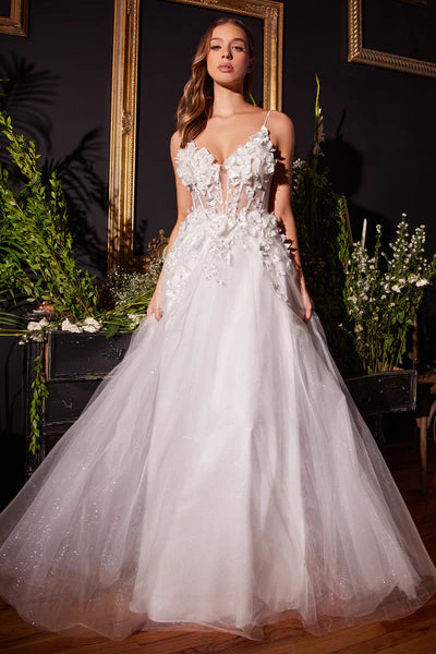 Off White Floral Applique A-Line Tulle Bridal Gown