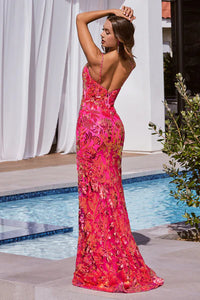 Hot Pink Sequin Printed Fitted Gown
