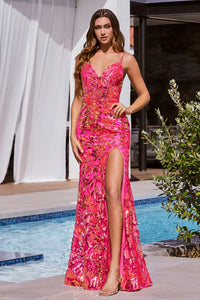 Hot Pink Sequin Printed Fitted Gown