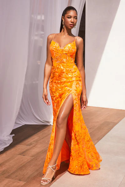 Orange Sequin Printed Fitted Gown