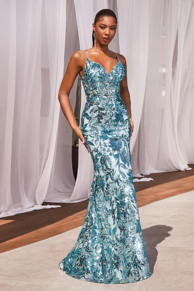 Sea Mist Sequin Printed Fitted Gown