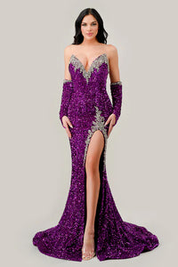 Purple Strapless Sequin Gown With Matching Gloves