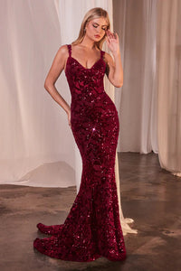 Burgundy Fitted Sequin Dress With Velvet Details
