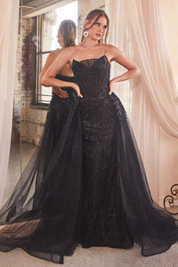 Black Strapless Glitter Gown With Removable Tulle Overskirt