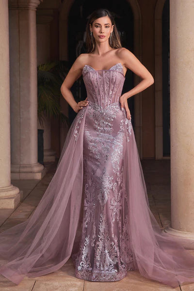 Dusty Mauve Strapless Glitter Gown With Removable Tulle Overskirt