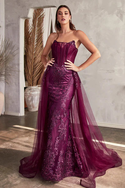 French Plum Strapless Glitter Gown With Removable Tulle Overskirt